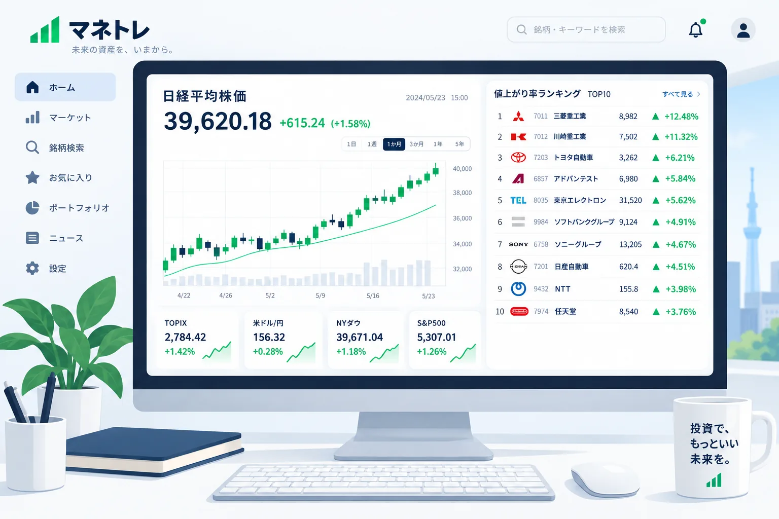 日経平均や値上がり率ランキングを表示するデータ画面のイメージ